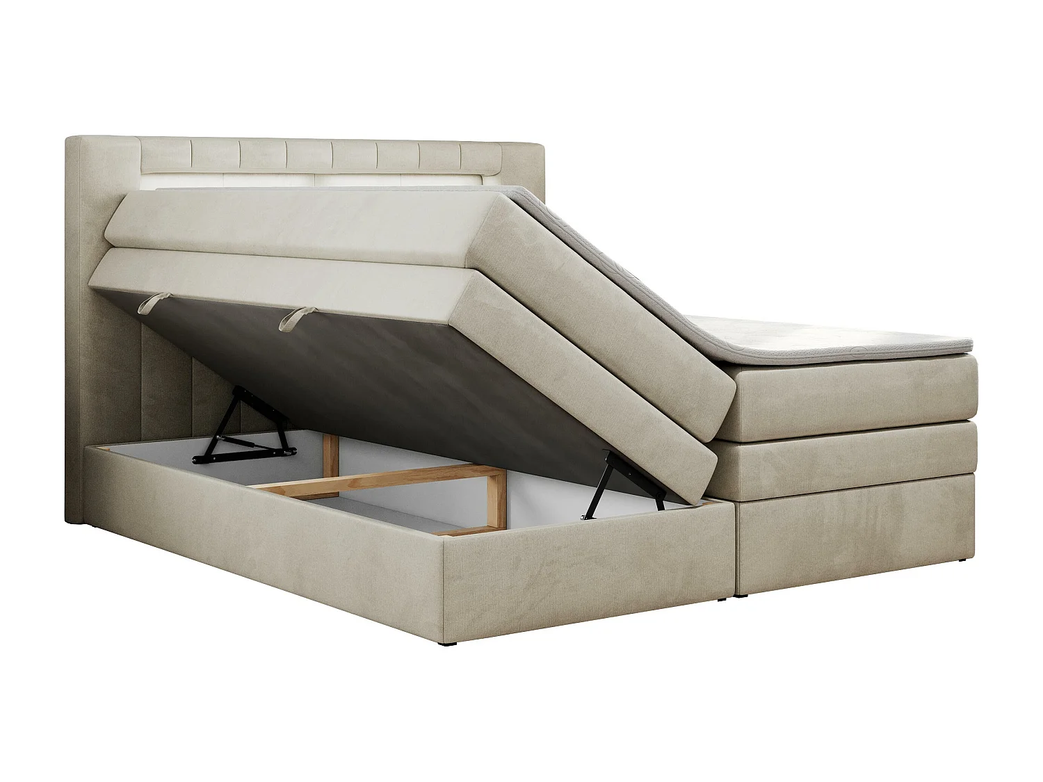 Boxspringbett GOLD 5 KING mit Stauraum, zwei Bettkästen, LED-Beleuchtung, Multipocket-Matratze - 120x200 cm - H3 - Beige Velvet