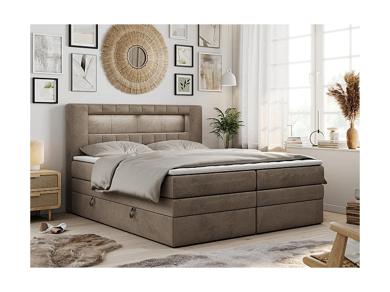 Boxspringbett GOLD 5 KING mit Stauraum, zwei Bettkästen, LED-Beleuchtung, Multipocket-Matratze - 180x200 cm - H4 - Braun Velvet