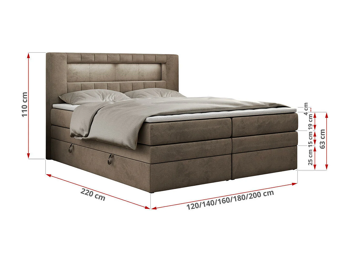 Boxspringbett GOLD 5 KING mit Stauraum, zwei Bettkästen, LED-Beleuchtung, Multipocket-Matratze - 180x200 cm - H4 - Braun Velvet
