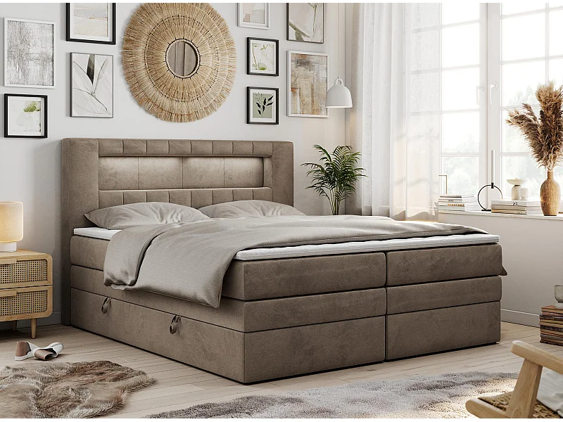 Boxspringbett GOLD 5 KING mit Stauraum, zwei Bettkästen, LED-Beleuchtung, Multipocket-Matratze - 180x200 cm - H4 - Braun Velvet