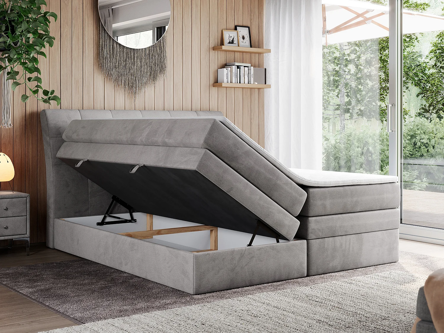 Boxspringbett GOLD 10 KING mit genähtes Kopfteil und Stauraum, zwei Multipocket-Matratze - 160x200 cm - H3 - Hellgrau Velvet