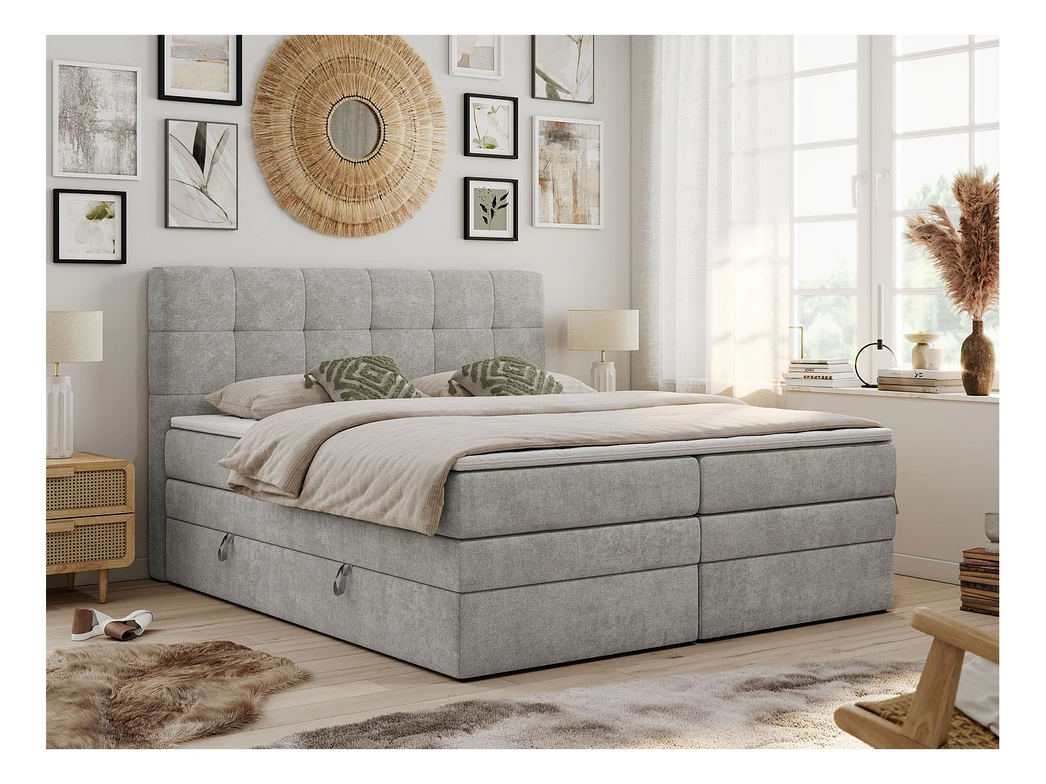 Boxspringbett LUKA KING, mit gestepptem Kopfteil, zwei Bettkästen, Multipocket-Matratze und Topper - 200x200 cm - H3 - Hellgrau Strukture