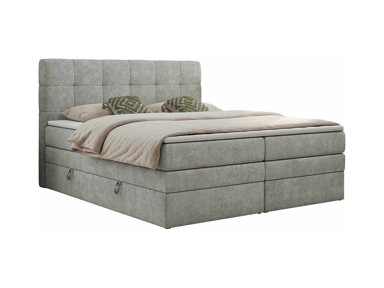 Boxspringbett LUKA KING, mit gestepptem Kopfteil, zwei Bettkästen, Multipocket-Matratze und Topper - 200x200 cm - H3 - Hellgrau Strukture