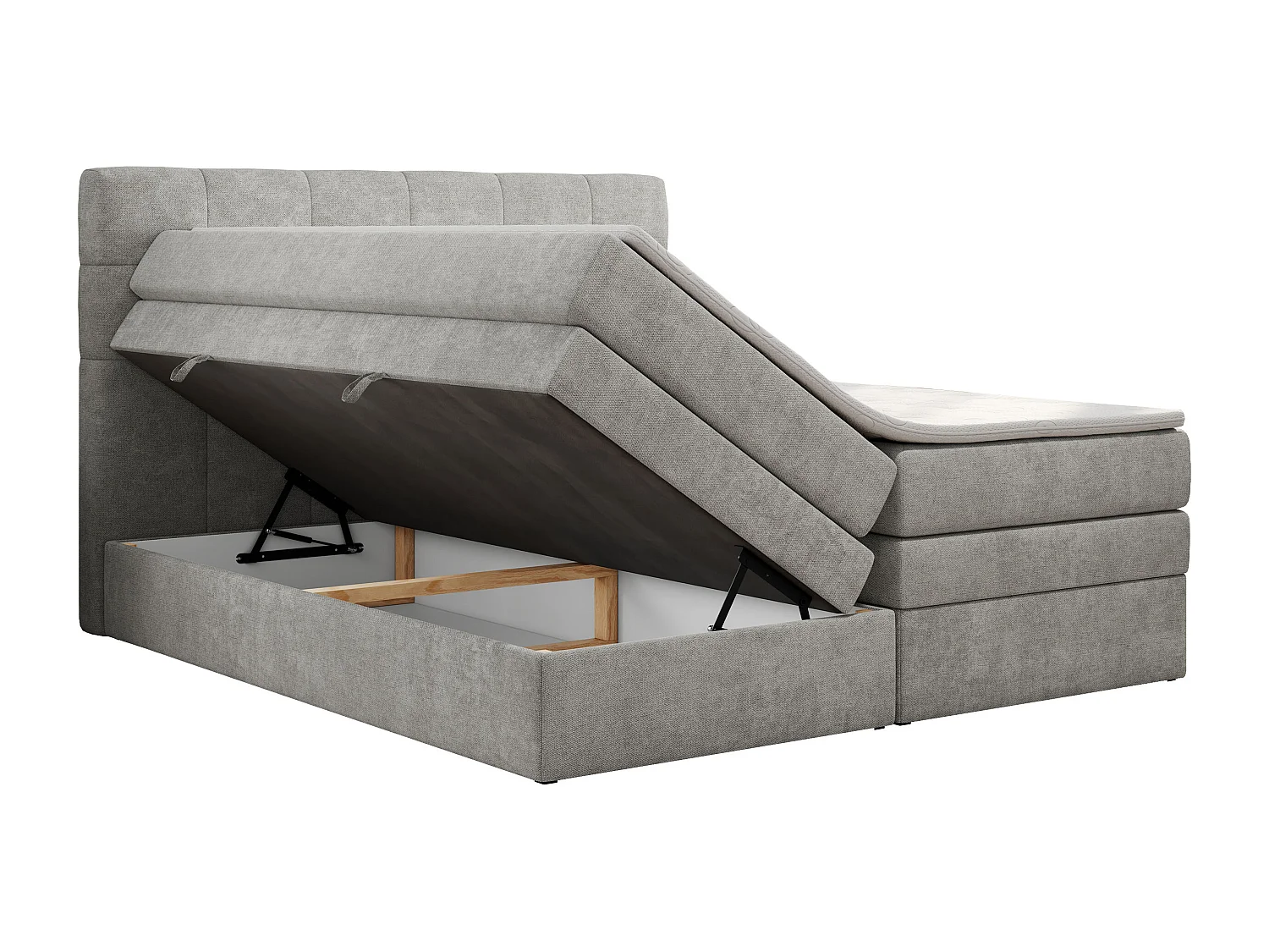 Boxspringbett LUKA KING, mit gestepptem Kopfteil, zwei Bettkästen, Multipocket-Matratze und Topper - 200x200 cm - H3 - Hellgrau Strukture