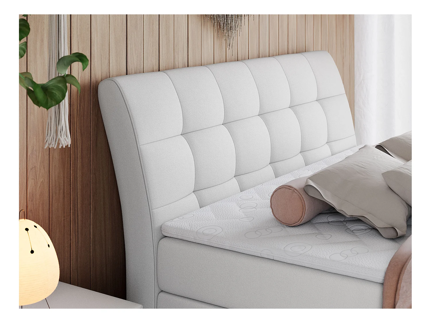 Boxspringbett GOLD 10 KING mit genähtes Kopfteil und Stauraum, zwei Multipocket-Matratze - 180x200 cm - H3 - Weiß Kunstleder