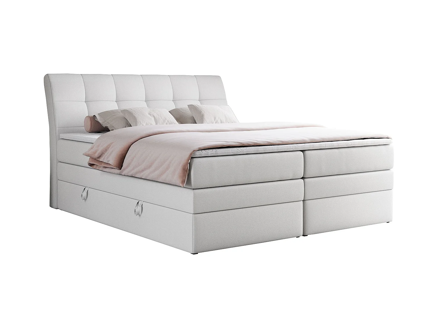 Boxspringbett GOLD 10 KING mit genähtes Kopfteil und Stauraum, zwei Multipocket-Matratze - 180x200 cm - H3 - Weiß Kunstleder