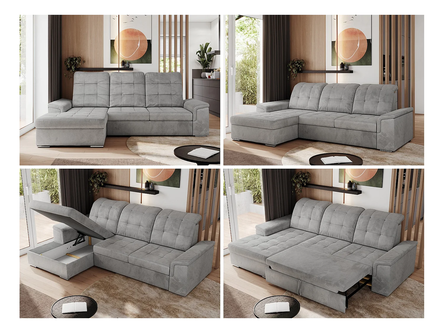 Ecksofa MADRITO - mit verstellbarer Rückenlehne, Armlehnen, gestepptem Sitz und Rückenlehne, Schlaffunktion - Hellgrau Velvet - Ecke Links