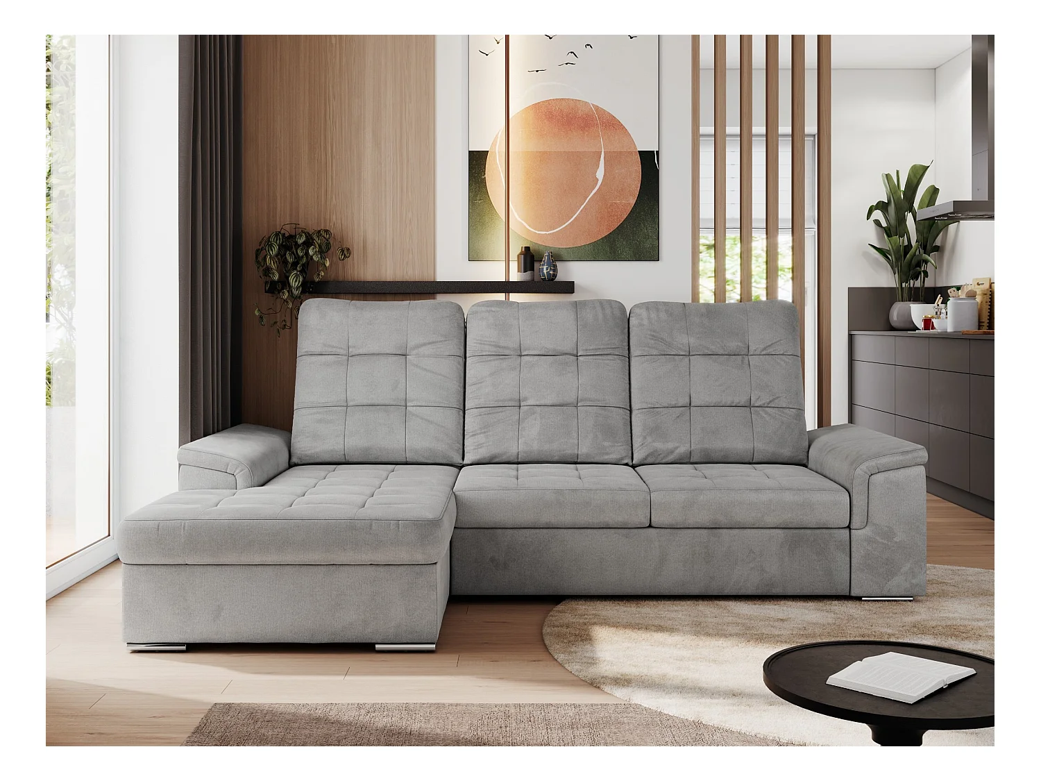 Ecksofa MADRITO - mit verstellbarer Rückenlehne, Armlehnen, gestepptem Sitz und Rückenlehne, Schlaffunktion - Hellgrau Velvet - Ecke Links