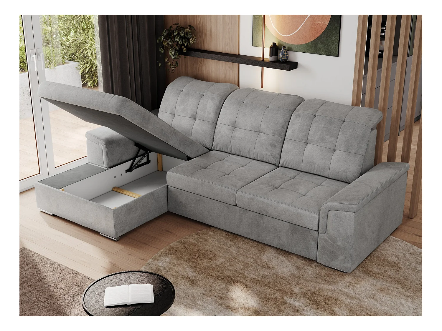 Ecksofa MADRITO - mit verstellbarer Rückenlehne, Armlehnen, gestepptem Sitz und Rückenlehne, Schlaffunktion - Hellgrau Velvet - Ecke Links