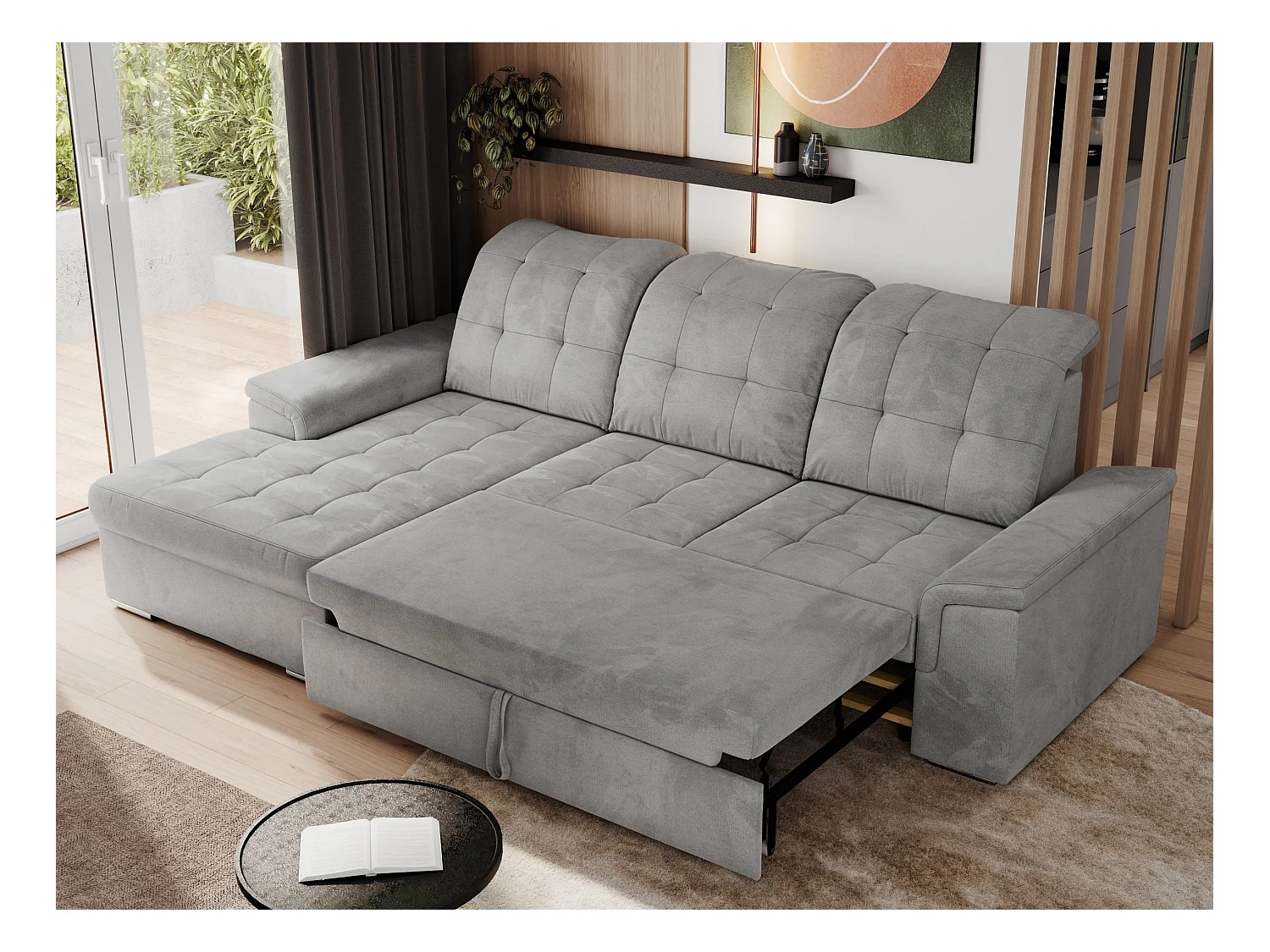 Ecksofa MADRITO - mit verstellbarer Rückenlehne, Armlehnen, gestepptem Sitz und Rückenlehne, Schlaffunktion - Hellgrau Velvet - Ecke Links