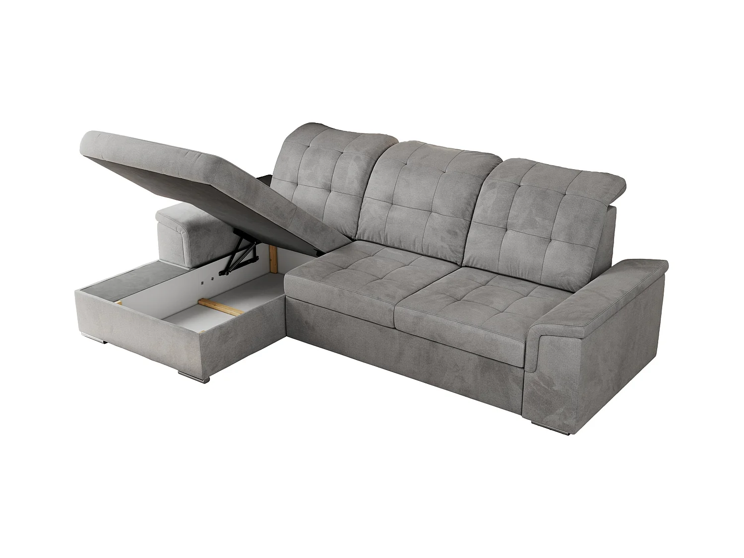 Ecksofa MADRITO - mit verstellbarer Rückenlehne, Armlehnen, gestepptem Sitz und Rückenlehne, Schlaffunktion - Hellgrau Velvet - Ecke Links