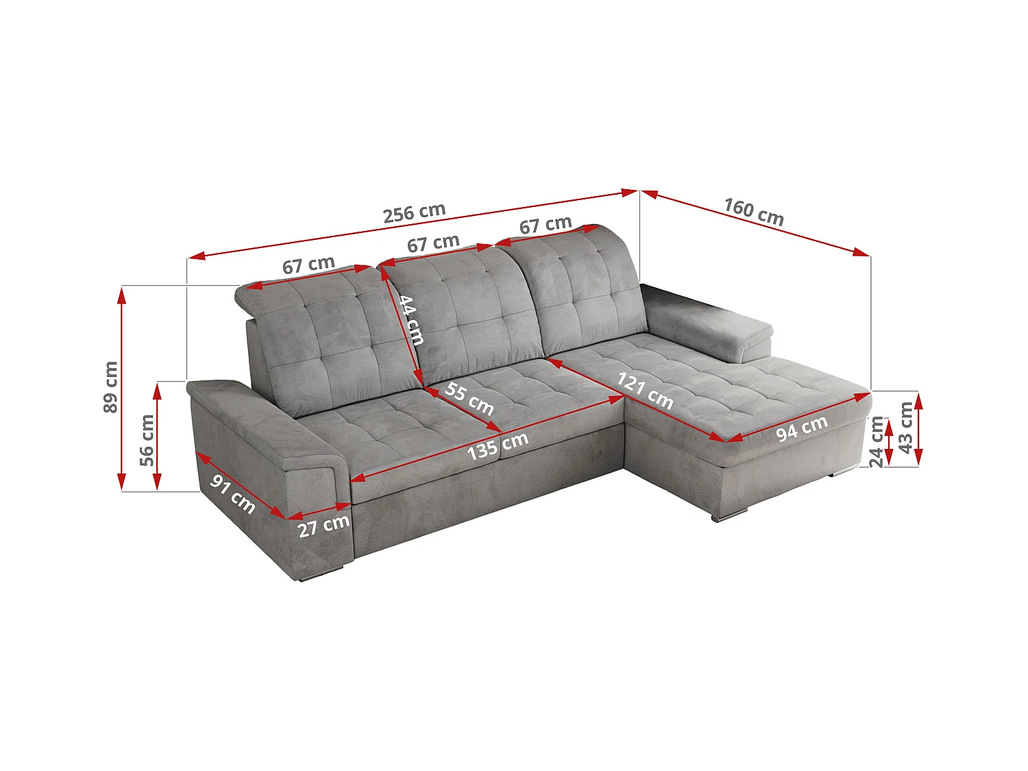 Ecksofa MADRITO - mit verstellbarer Rückenlehne, Armlehnen, gestepptem Sitz und Rückenlehne, Schlaffunktion - Hellgrau Velvet - Ecke Links