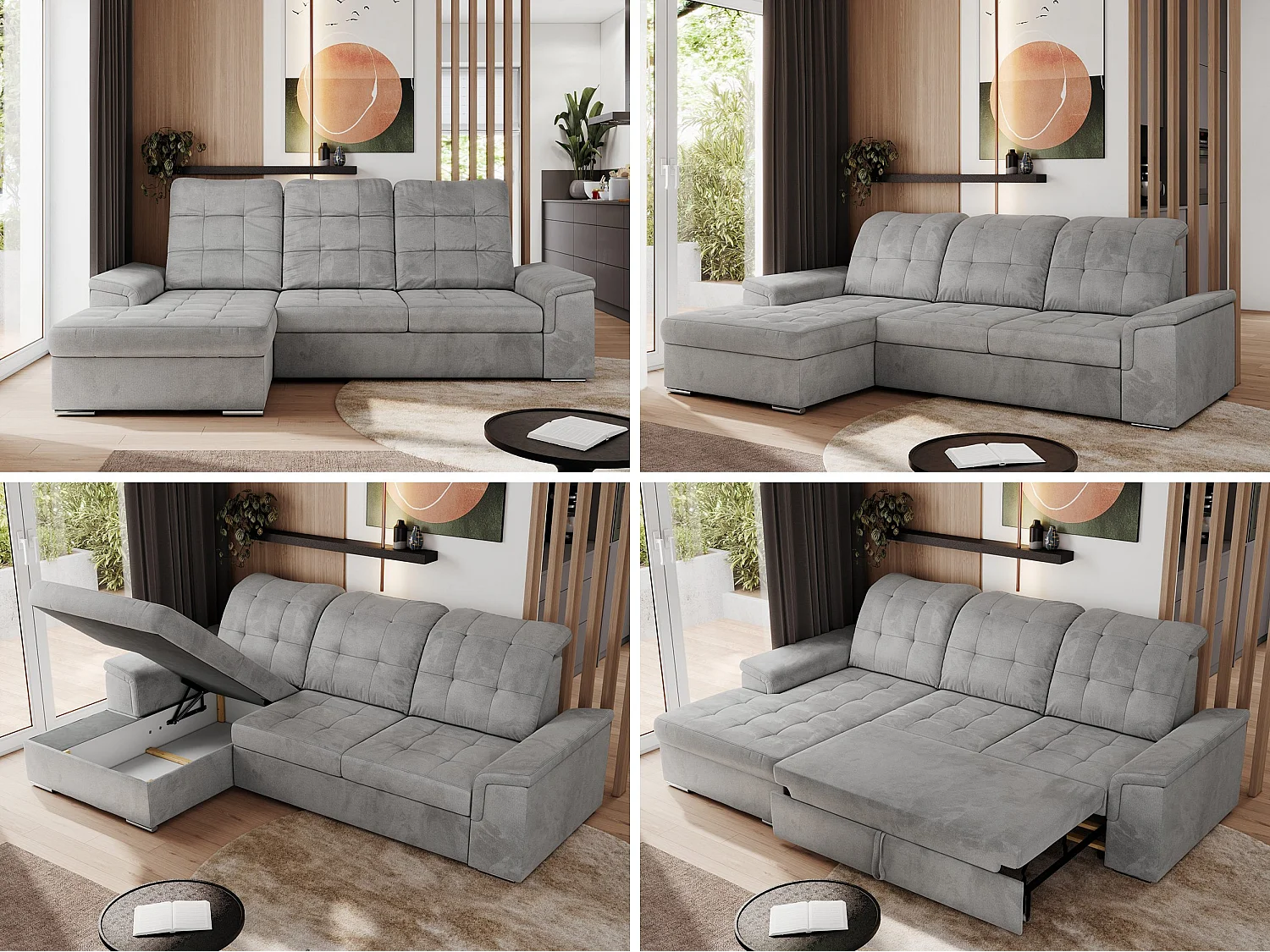 Ecksofa MADRITO - mit verstellbarer Rückenlehne, Armlehnen, gestepptem Sitz und Rückenlehne, Schlaffunktion - Hellgrau Velvet - Ecke Links