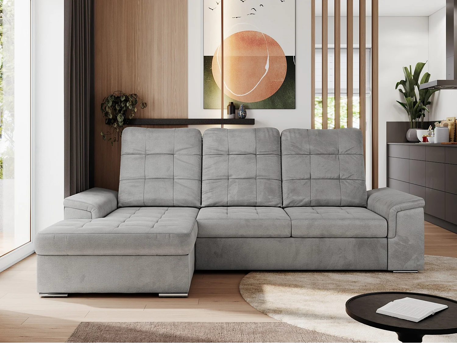 Ecksofa MADRITO - mit verstellbarer Rückenlehne, Armlehnen, gestepptem Sitz und Rückenlehne, Schlaffunktion - Hellgrau Velvet - Ecke Links