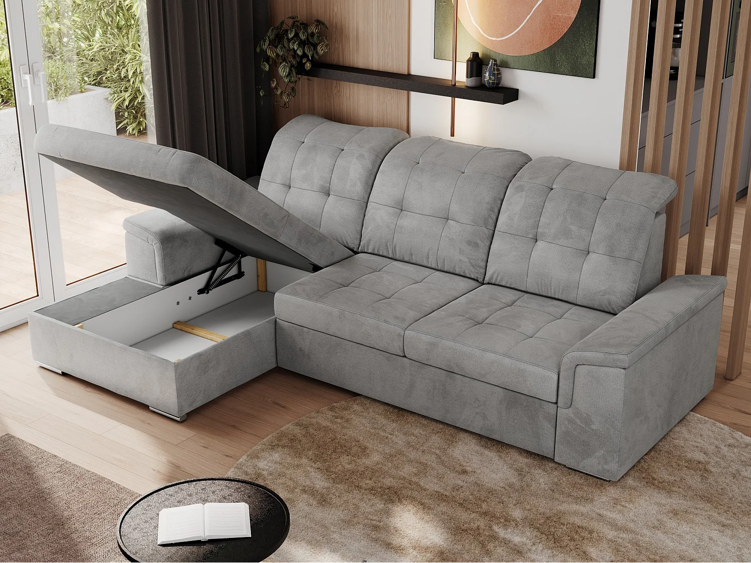 Ecksofa MADRITO - mit verstellbarer Rückenlehne, Armlehnen, gestepptem Sitz und Rückenlehne, Schlaffunktion - Hellgrau Velvet - Ecke Links