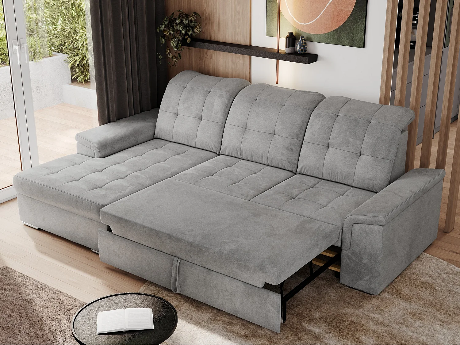 Ecksofa MADRITO - mit verstellbarer Rückenlehne, Armlehnen, gestepptem Sitz und Rückenlehne, Schlaffunktion - Hellgrau Velvet - Ecke Links