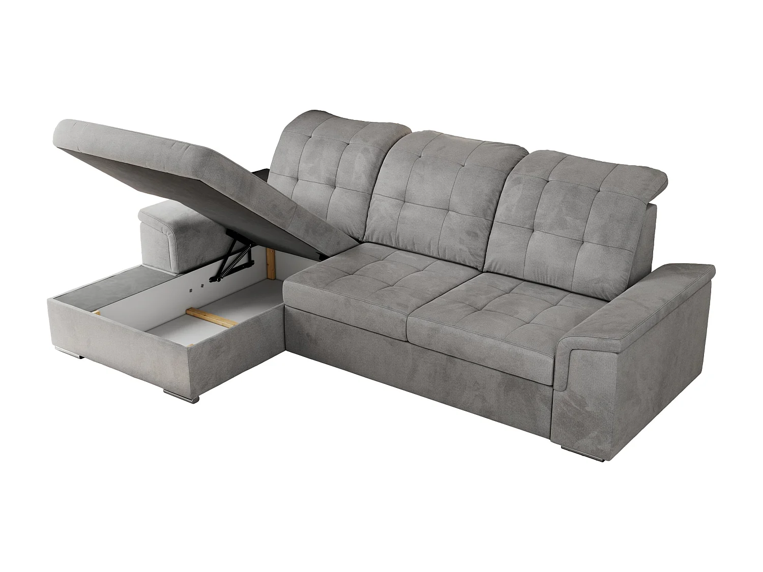 Ecksofa MADRITO - mit verstellbarer Rückenlehne, Armlehnen, gestepptem Sitz und Rückenlehne, Schlaffunktion - Hellgrau Velvet - Ecke Links