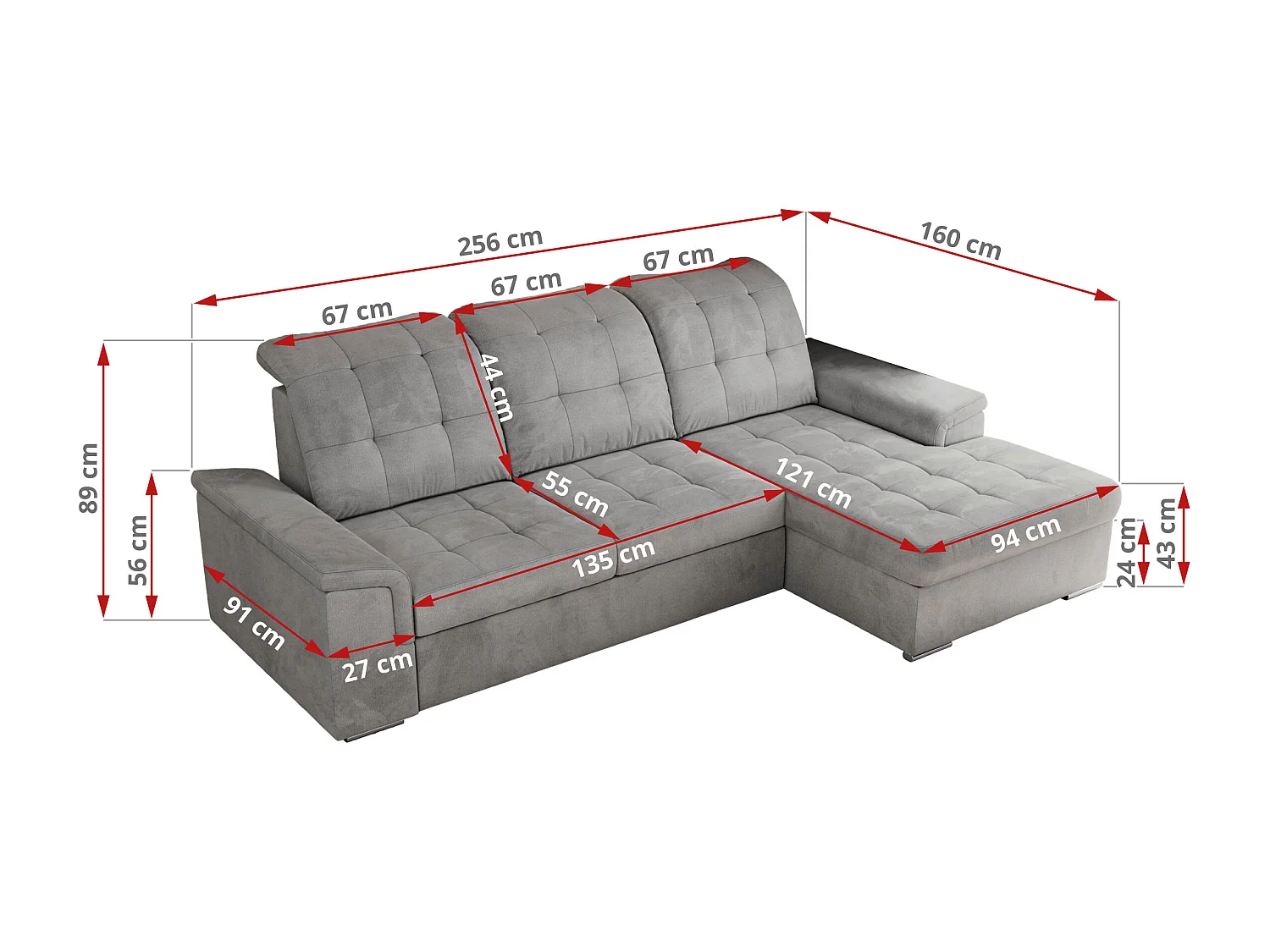 Ecksofa MADRITO - mit verstellbarer Rückenlehne, Armlehnen, gestepptem Sitz und Rückenlehne, Schlaffunktion - Hellgrau Velvet - Ecke Links