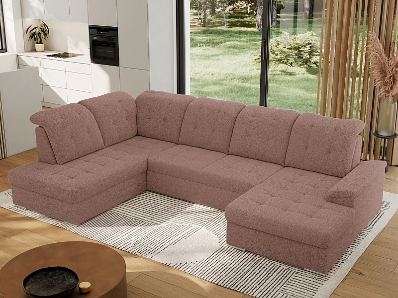 Ecksofa MADRITO U - mit verstellbarer Rückenlehne, Armlehne, L-förmige Ecke, Bettkasten - Rosa Boucle - Ecke Links