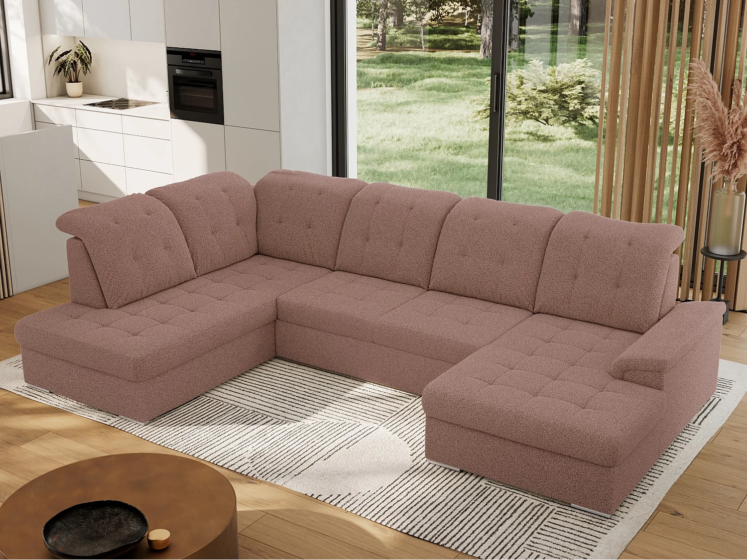 Ecksofa MADRITO U - mit verstellbarer Rückenlehne, Armlehne, L-förmige Ecke, Bettkasten - Rosa Boucle - Ecke Links