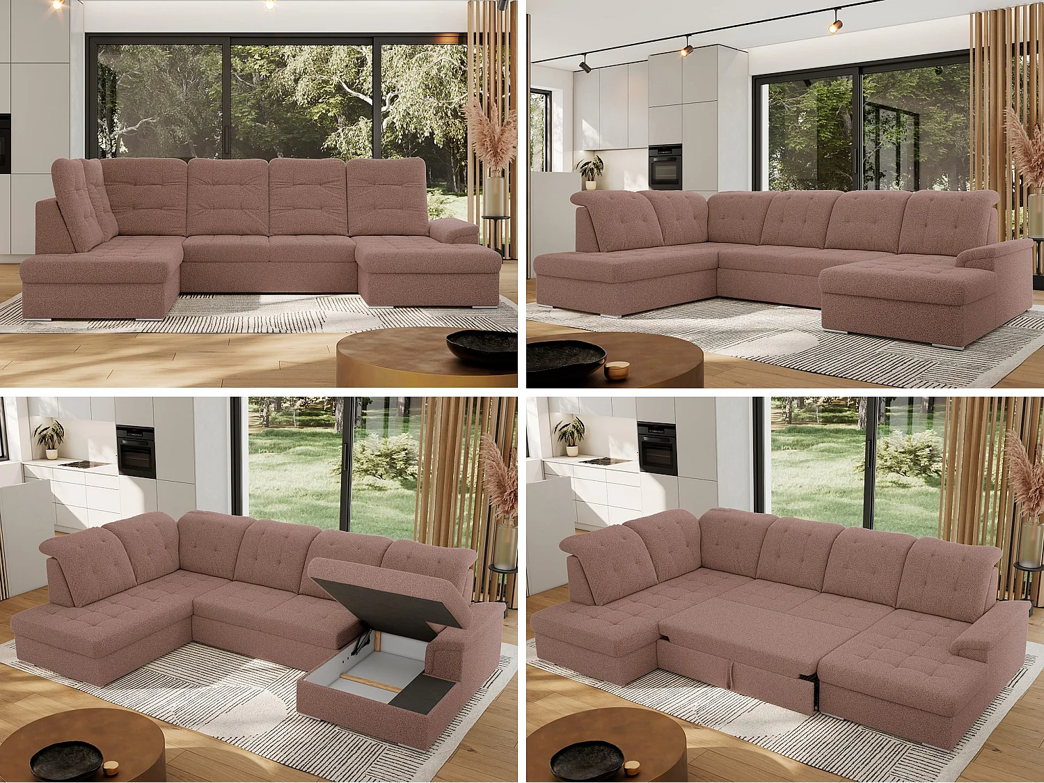 Ecksofa MADRITO U - mit verstellbarer Rückenlehne, Armlehne, L-förmige Ecke, Bettkasten - Rosa Boucle - Ecke Links