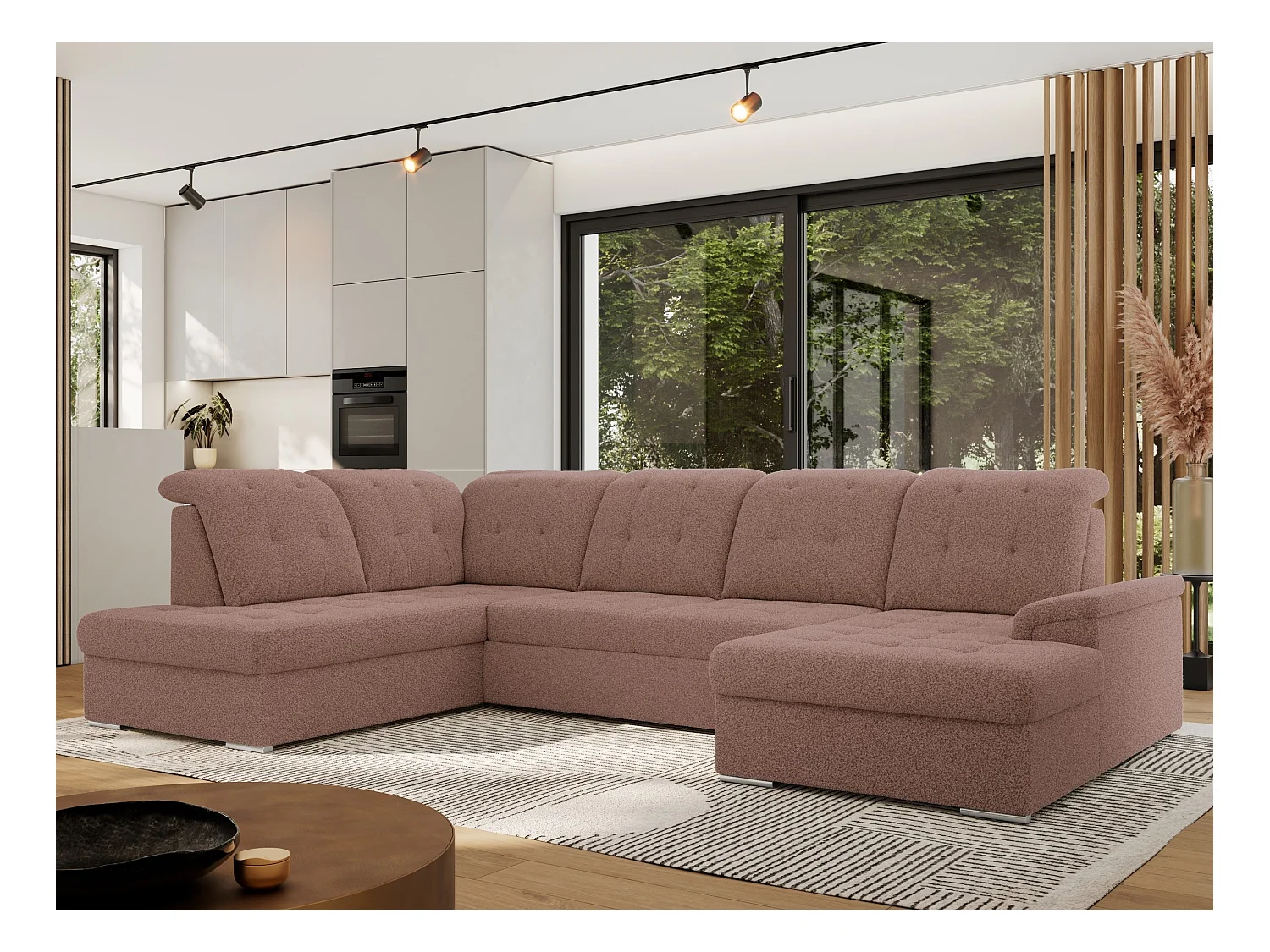 Ecksofa MADRITO U - mit verstellbarer Rückenlehne, Armlehne, L-förmige Ecke, Bettkasten - Rosa Boucle - Ecke Links