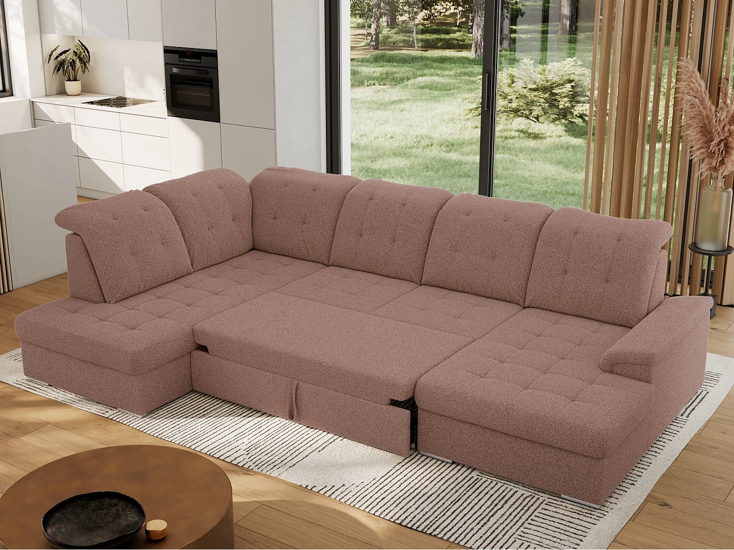 Ecksofa MADRITO U - mit verstellbarer Rückenlehne, Armlehne, L-förmige Ecke, Bettkasten - Rosa Boucle - Ecke Links