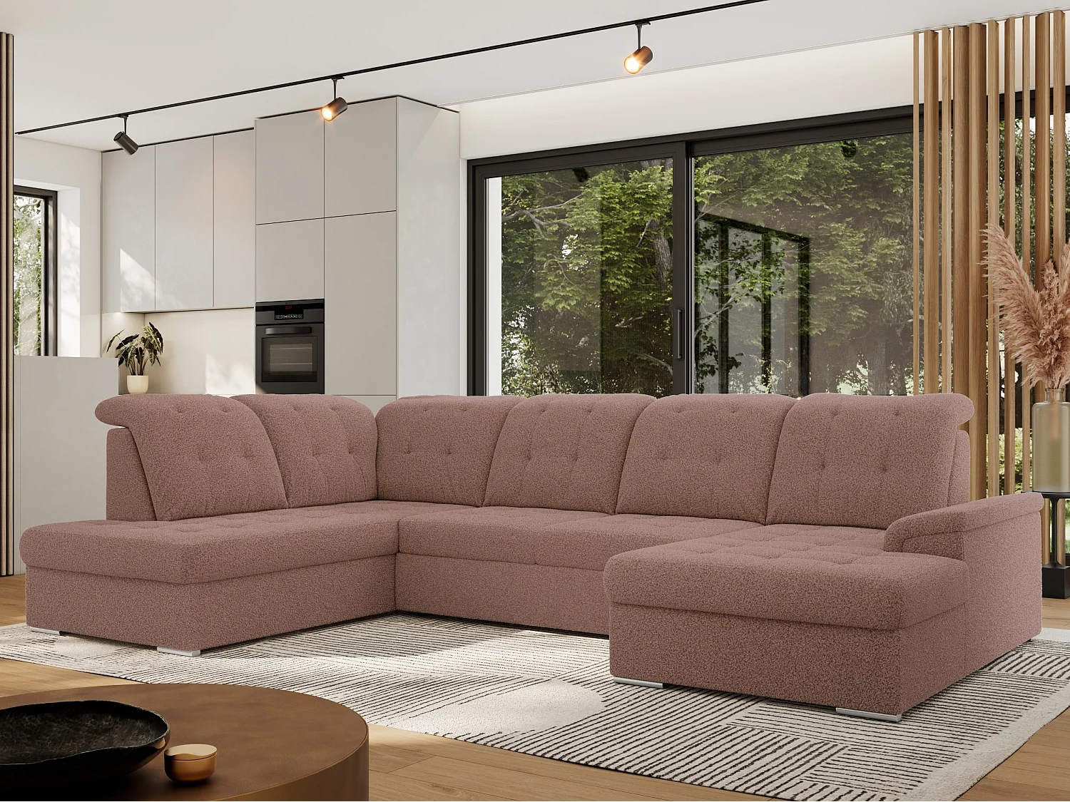Ecksofa MADRITO U - mit verstellbarer Rückenlehne, Armlehne, L-förmige Ecke, Bettkasten - Rosa Boucle - Ecke Links