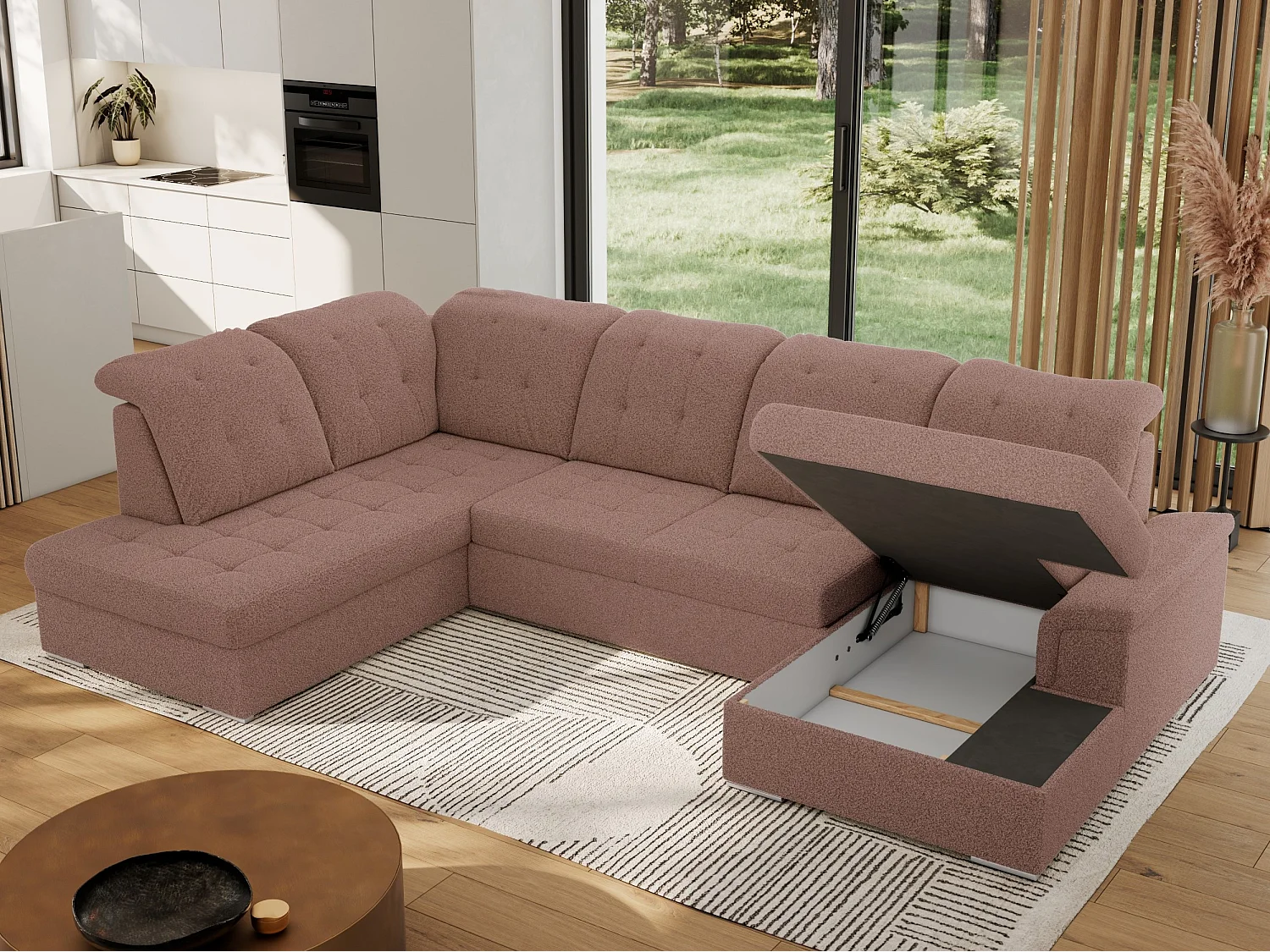 Ecksofa MADRITO U - mit verstellbarer Rückenlehne, Armlehne, L-förmige Ecke, Bettkasten - Rosa Boucle - Ecke Links