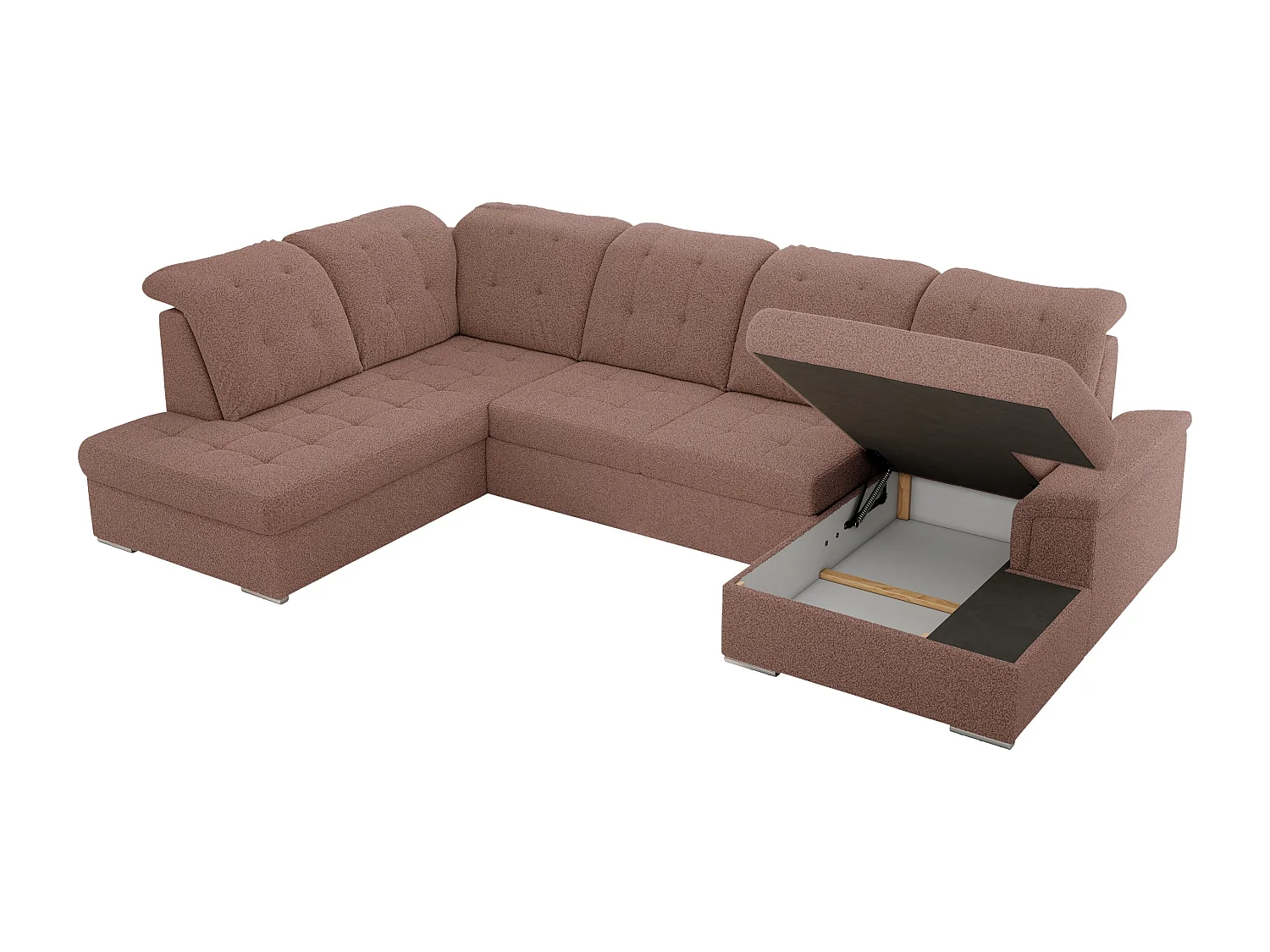 Ecksofa MADRITO U - mit verstellbarer Rückenlehne, Armlehne, L-förmige Ecke, Bettkasten - Rosa Boucle - Ecke Links