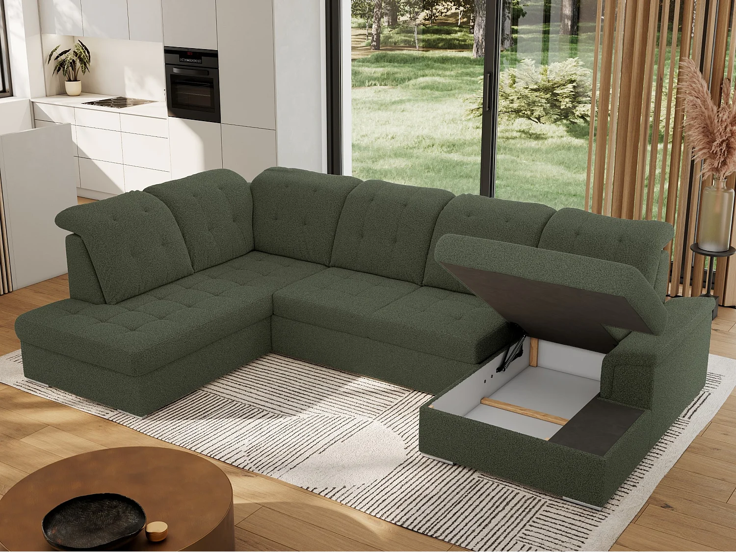 Ecksofa MADRITO U - mit verstellbarer Rückenlehne, Armlehne, L-förmige Ecke, Bettkasten - Grün Boucle - Ecke Links