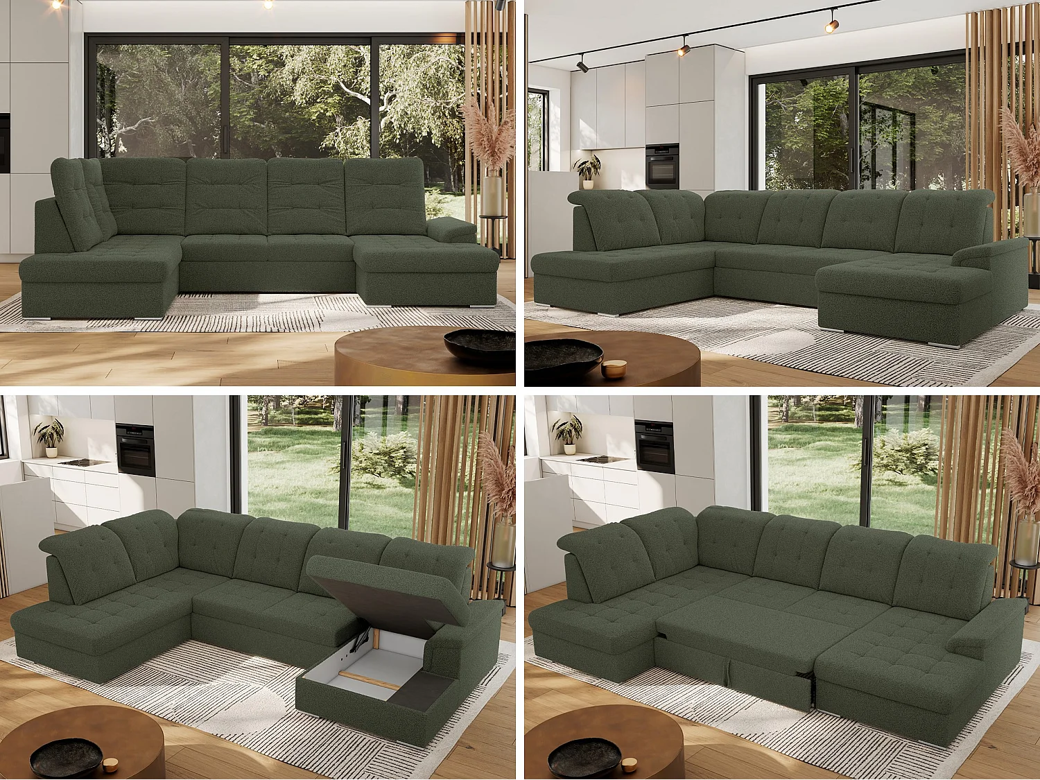 Ecksofa MADRITO U - mit verstellbarer Rückenlehne, Armlehne, L-förmige Ecke, Bettkasten - Grün Boucle - Ecke Links