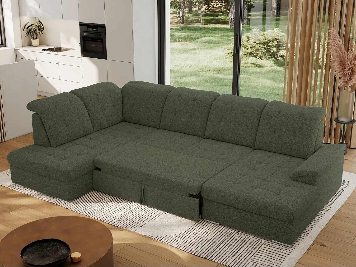 Ecksofa MADRITO U - mit verstellbarer Rückenlehne, Armlehne, L-förmige Ecke, Bettkasten - Grün Boucle - Ecke Links