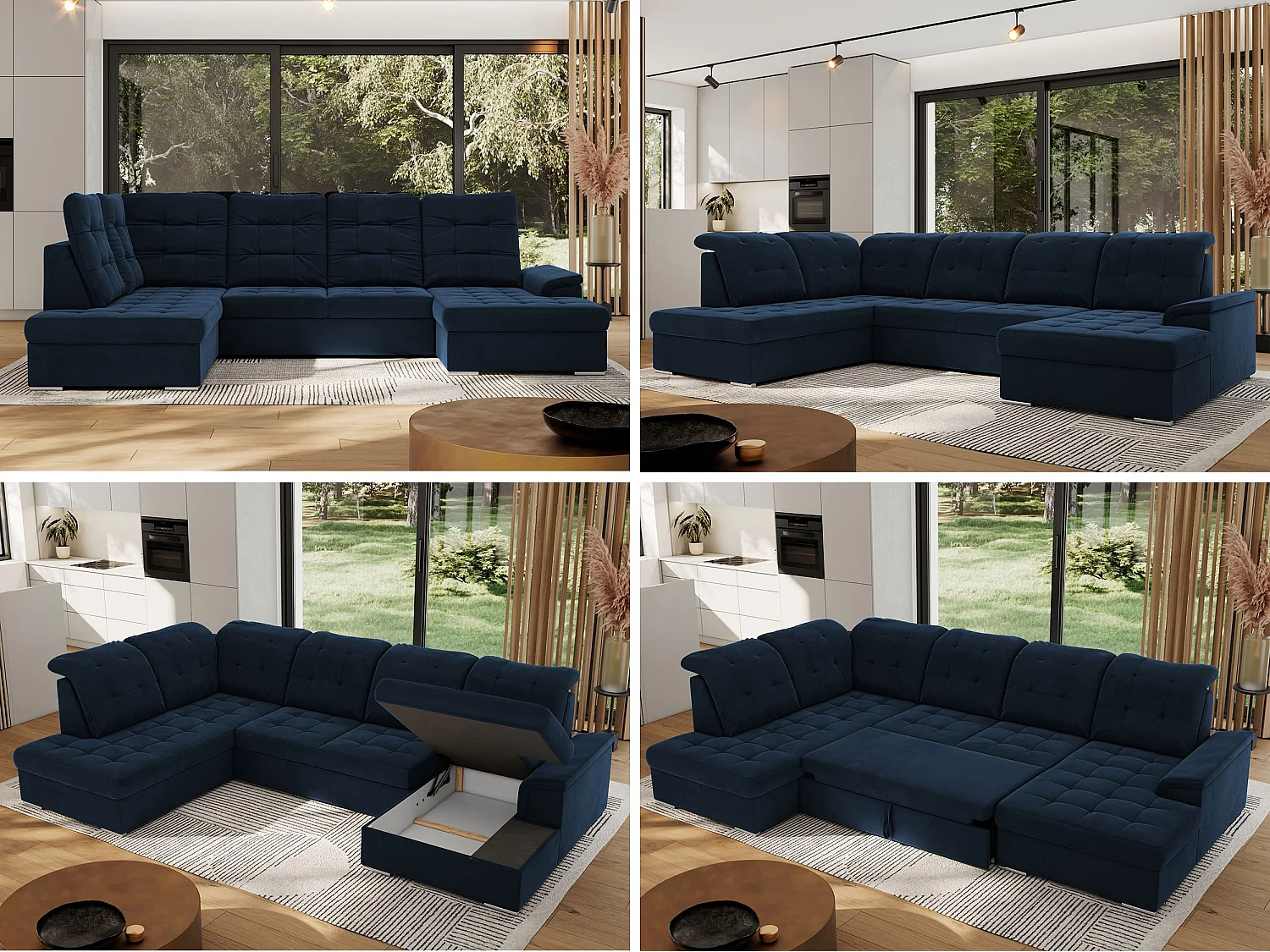 Ecksofa MADRITO U - mit verstellbarer Rückenlehne, Armlehne, L-förmige Ecke, Bettkasten - Dunkelblau Velvet - Ecke Links