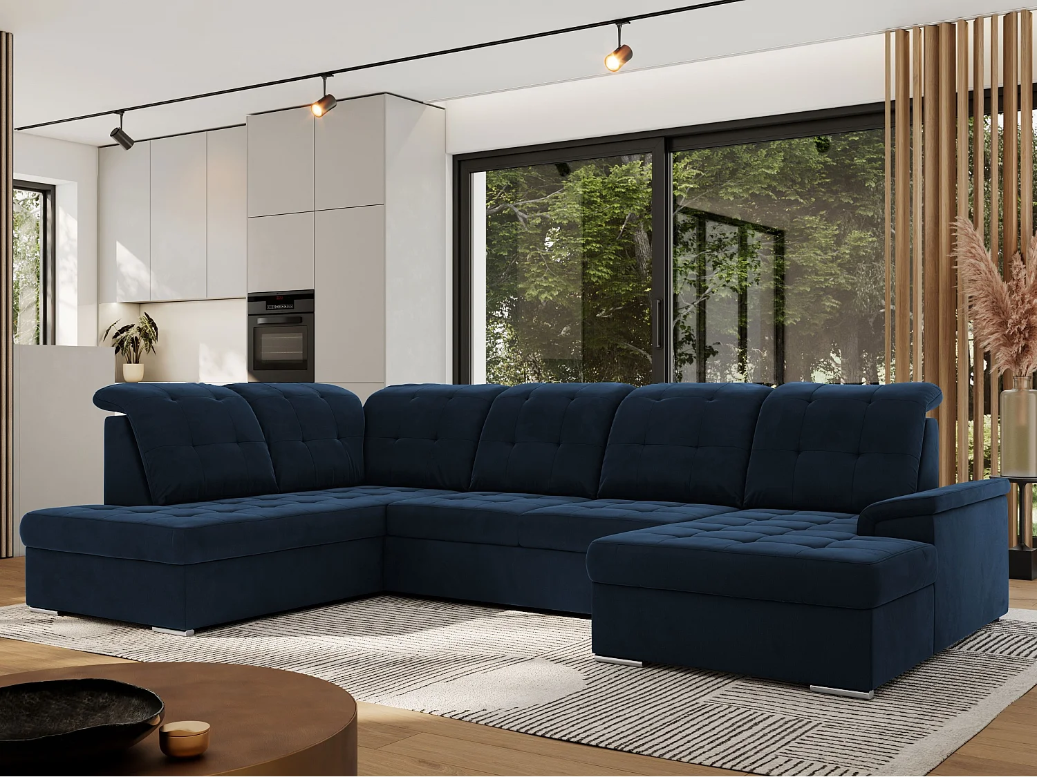 Ecksofa MADRITO U - mit verstellbarer Rückenlehne, Armlehne, L-förmige Ecke, Bettkasten - Dunkelblau Velvet - Ecke Links