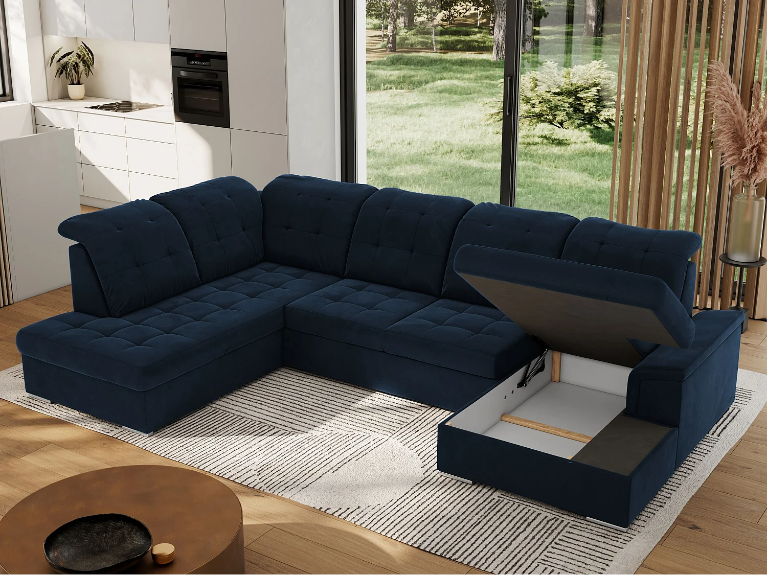 Ecksofa MADRITO U - mit verstellbarer Rückenlehne, Armlehne, L-förmige Ecke, Bettkasten - Dunkelblau Velvet - Ecke Links