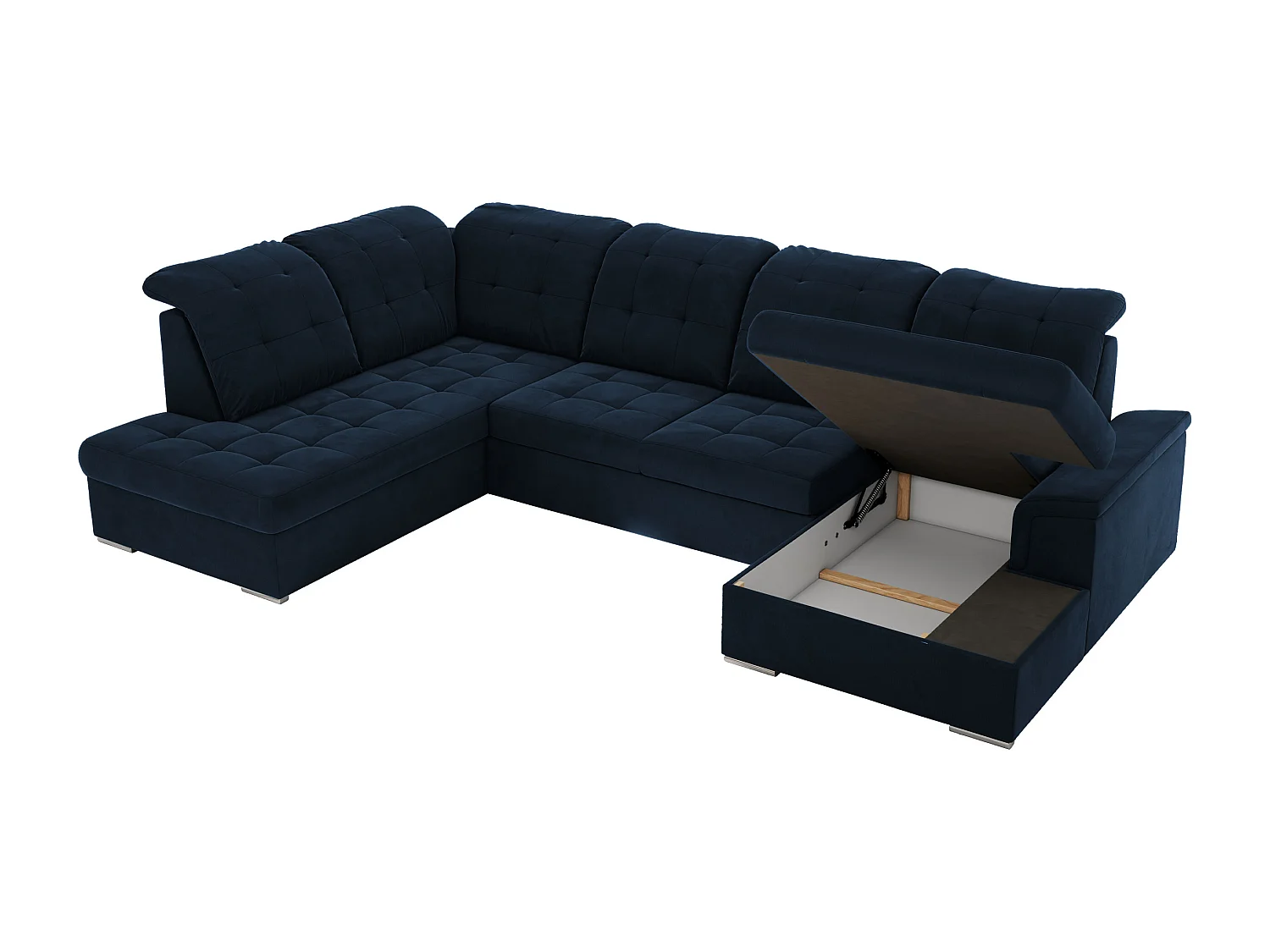 Ecksofa MADRITO U - mit verstellbarer Rückenlehne, Armlehne, L-förmige Ecke, Bettkasten - Dunkelblau Velvet - Ecke Links