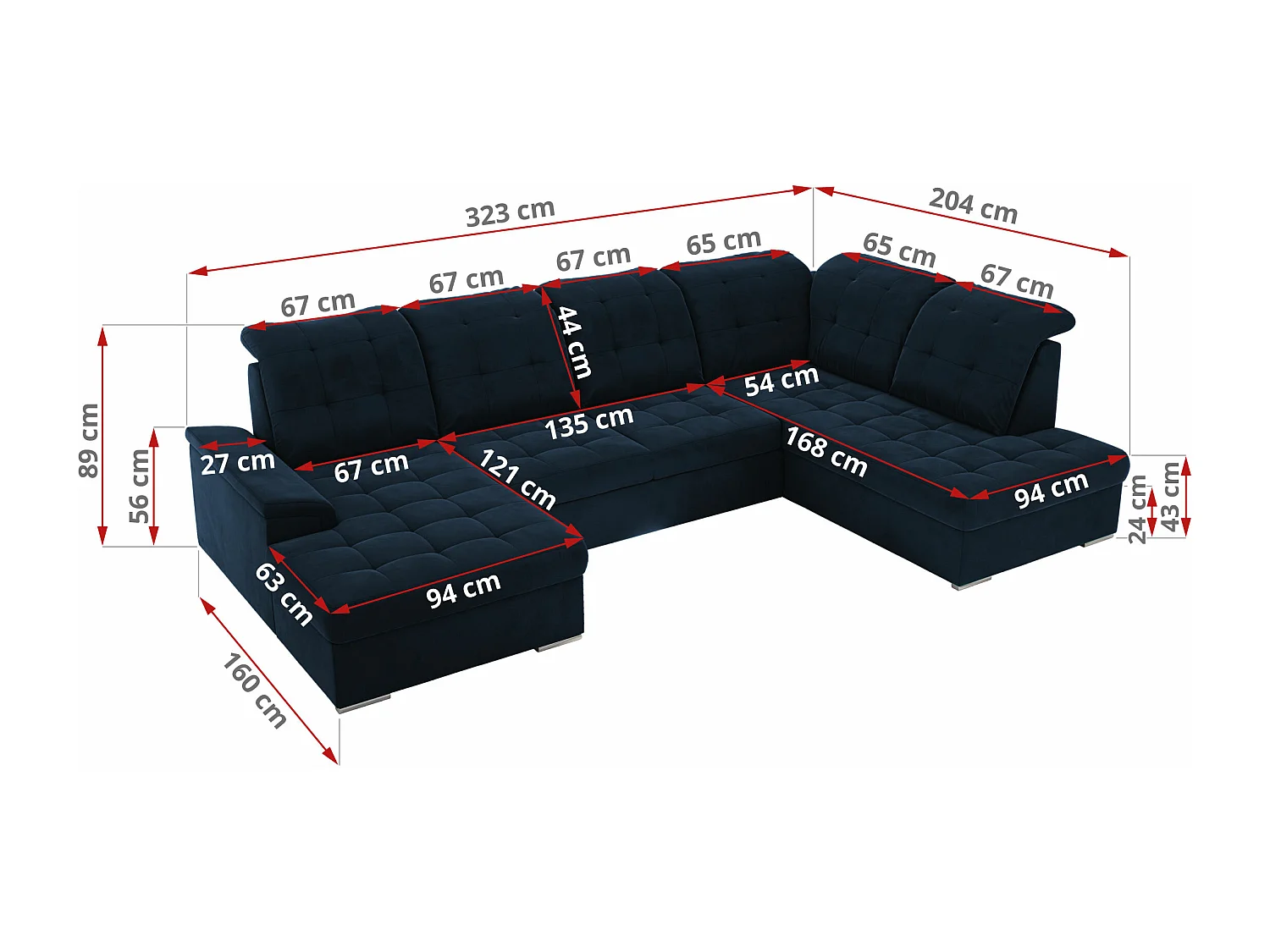 Ecksofa MADRITO U - mit verstellbarer Rückenlehne, Armlehne, L-förmige Ecke, Bettkasten - Dunkelblau Velvet - Ecke Links