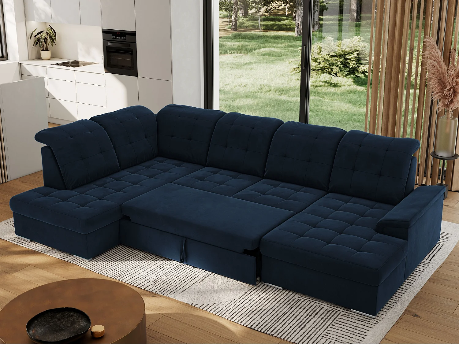 Ecksofa MADRITO U - mit verstellbarer Rückenlehne, Armlehne, L-förmige Ecke, Bettkasten - Dunkelblau Velvet - Ecke Links