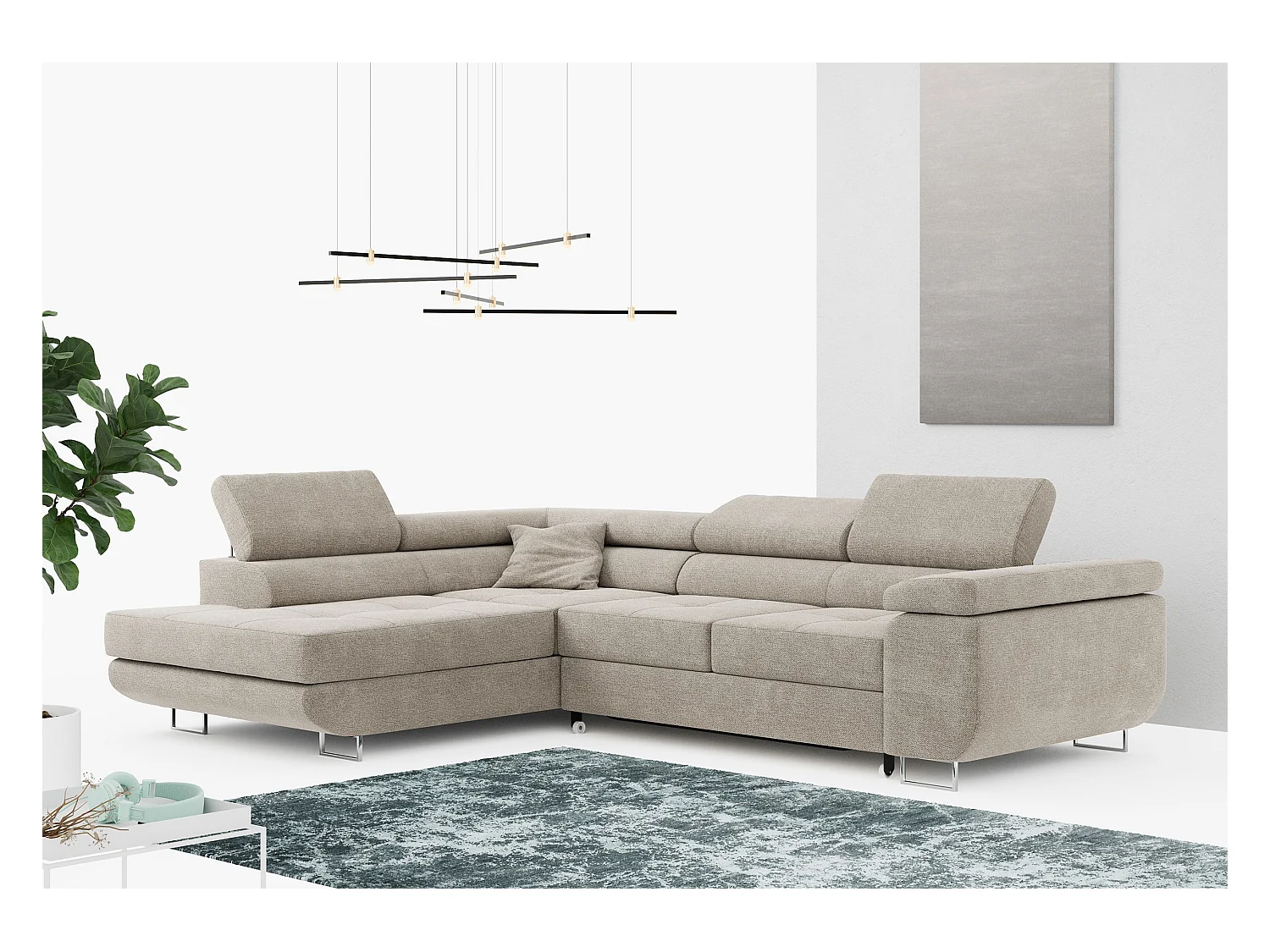 Ecksofa GUSTAW - mit Schlaffunktion, verstellbare Kopfstützen, Metallbeine - Beige Stukture - Ecke Links