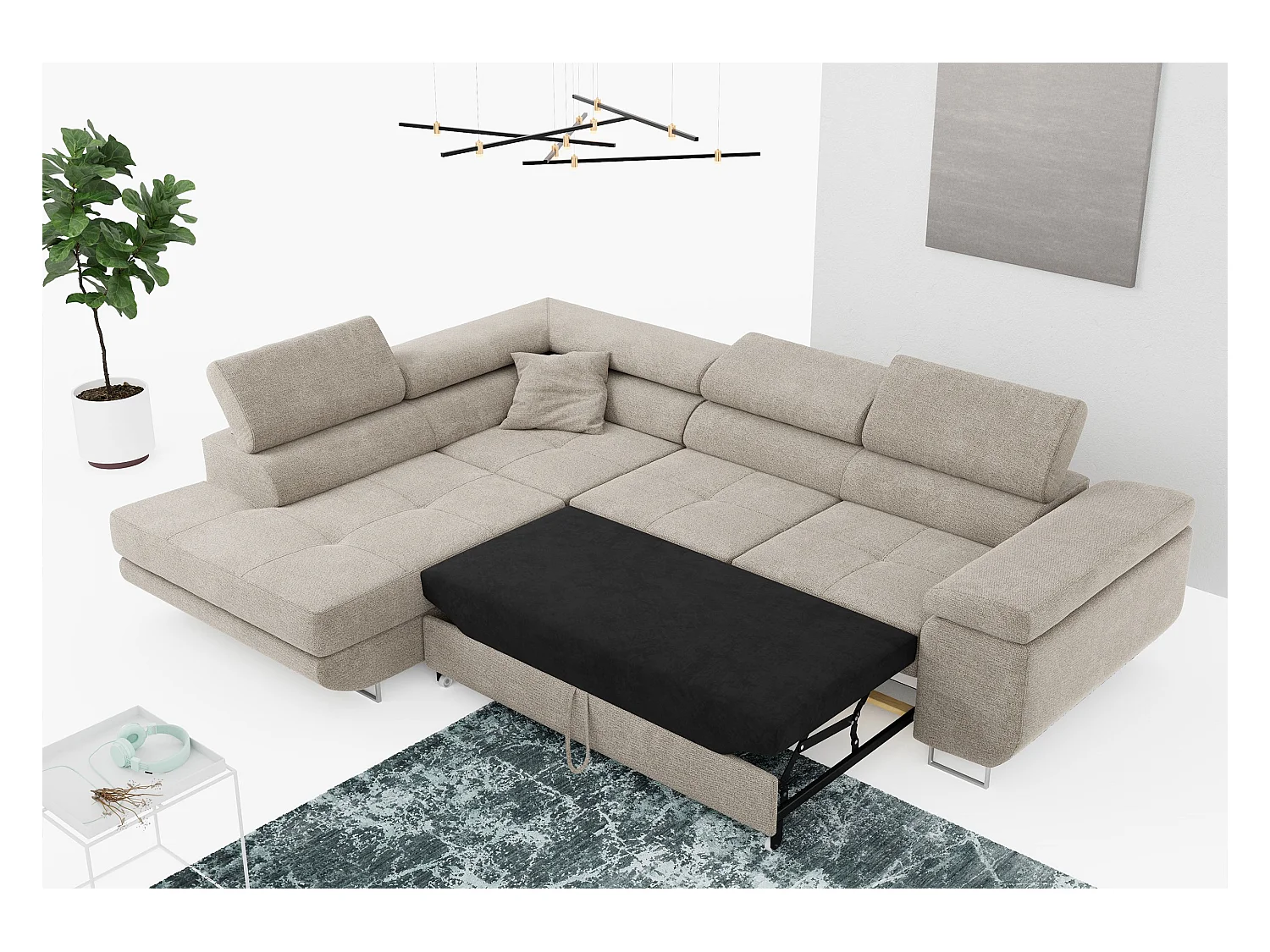 Ecksofa GUSTAW - mit Schlaffunktion, verstellbare Kopfstützen, Metallbeine - Beige Stukture - Ecke Links