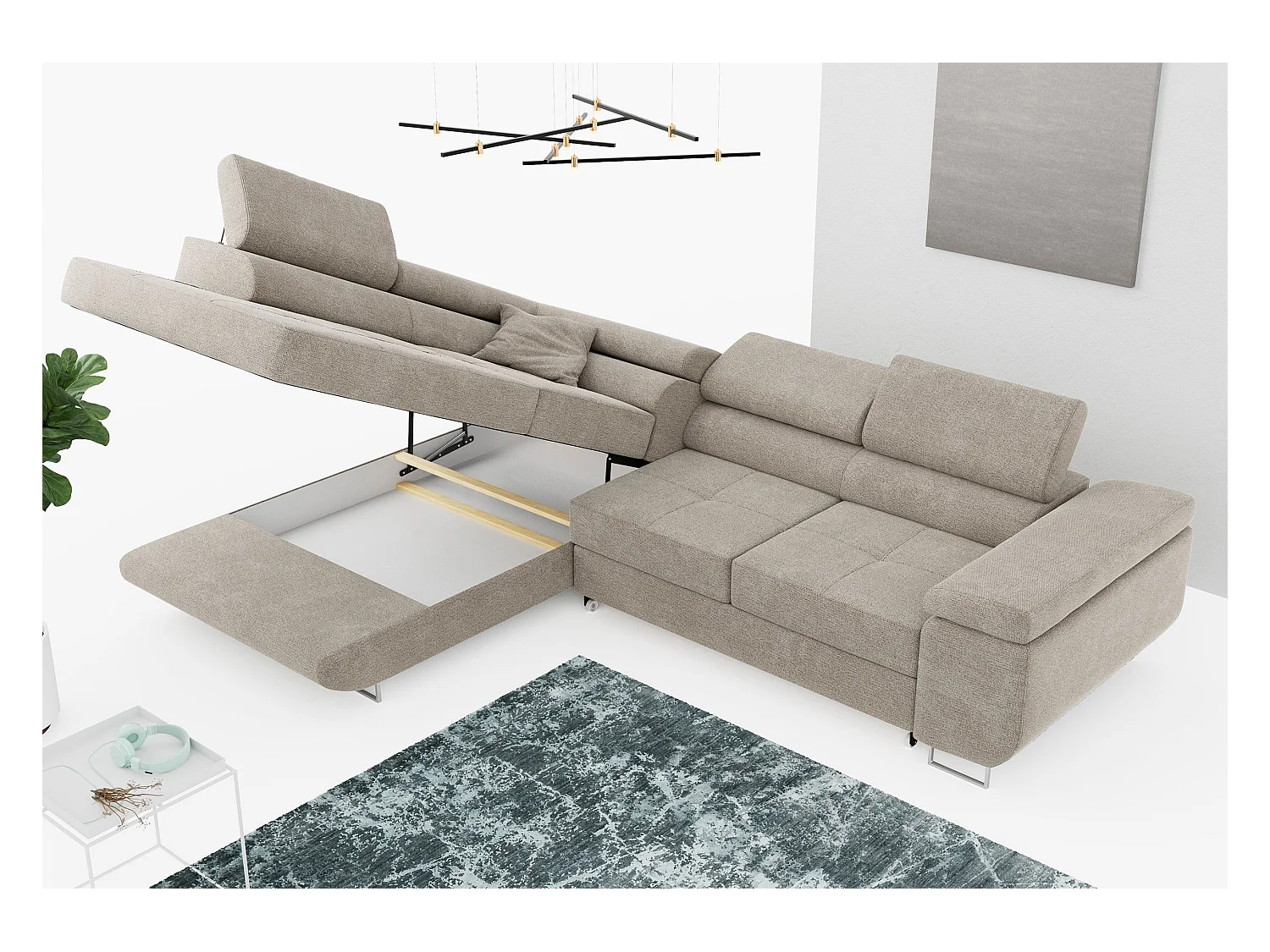 Ecksofa GUSTAW - mit Schlaffunktion, verstellbare Kopfstützen, Metallbeine - Beige Stukture - Ecke Links