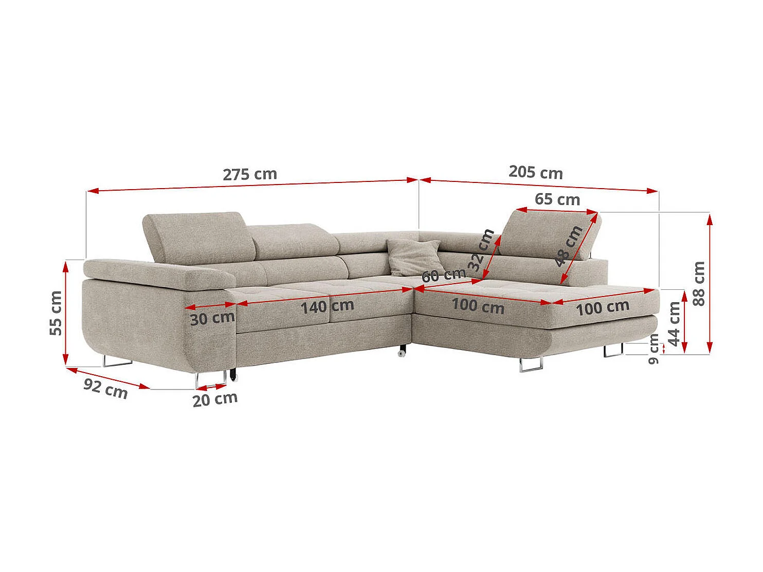 Ecksofa GUSTAW - mit Schlaffunktion, verstellbare Kopfstützen, Metallbeine - Beige Stukture - Ecke Links