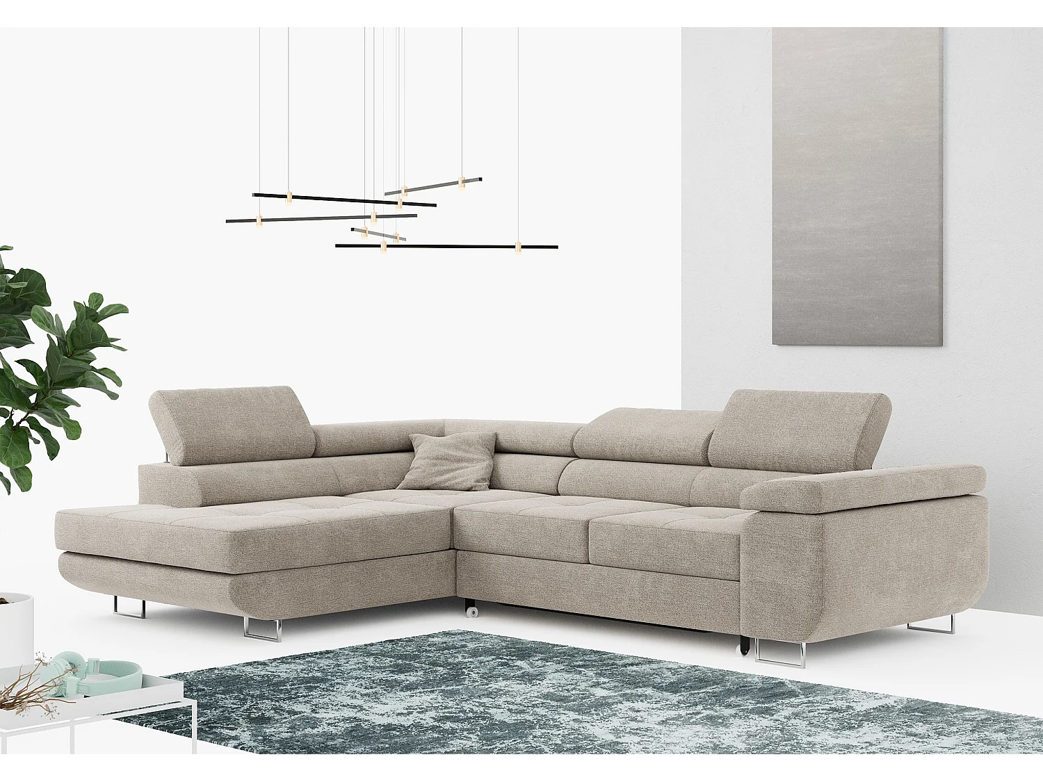 Ecksofa GUSTAW - mit Schlaffunktion, verstellbare Kopfstützen, Metallbeine - Beige Stukture - Ecke Links