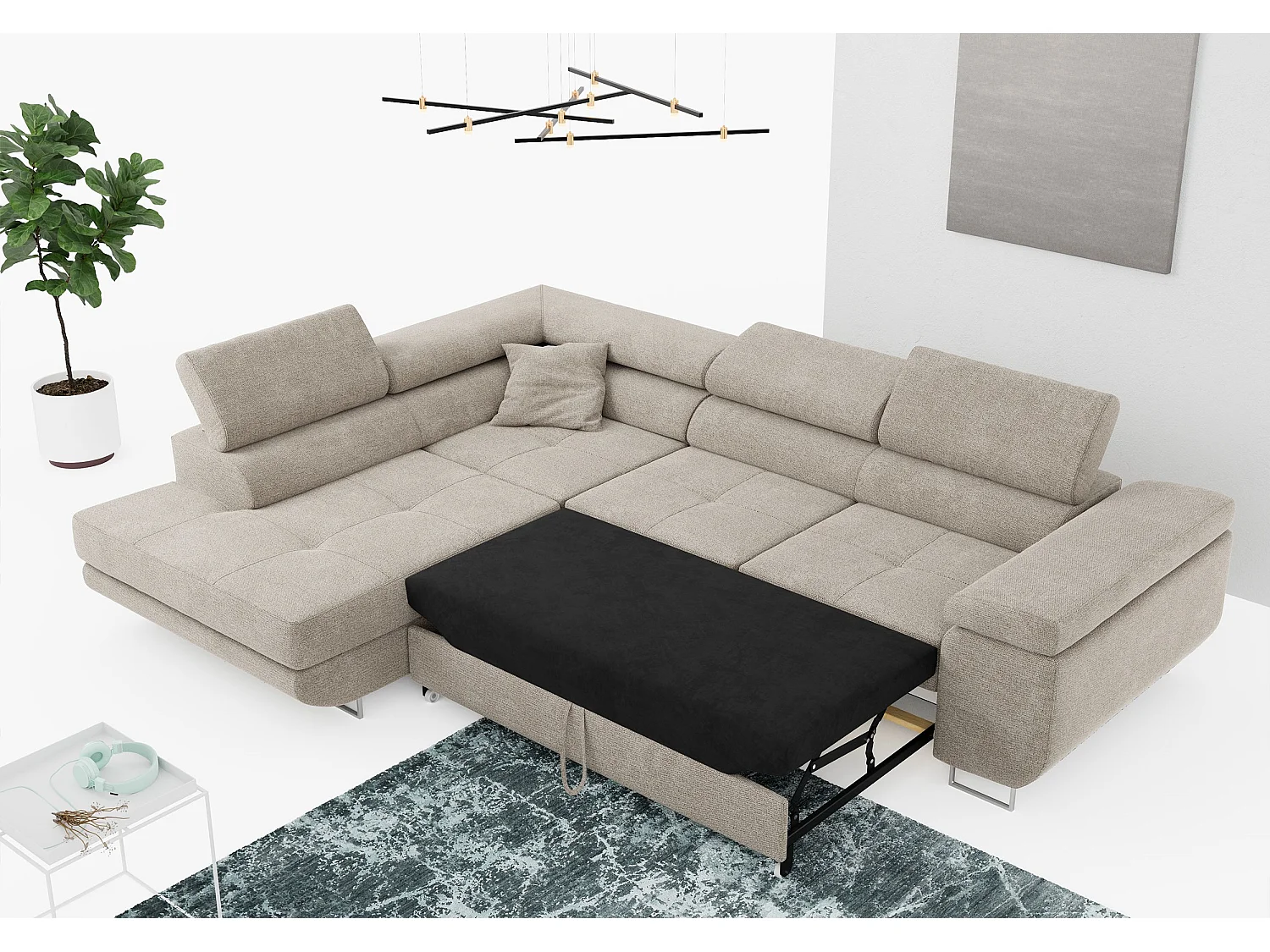 Ecksofa GUSTAW - mit Schlaffunktion, verstellbare Kopfstützen, Metallbeine - Beige Stukture - Ecke Links