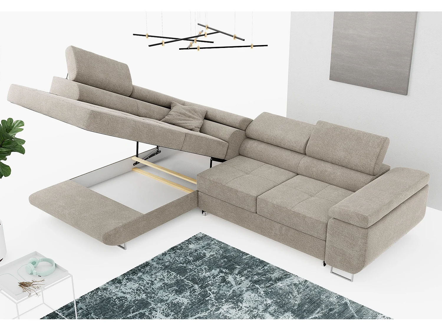 Ecksofa GUSTAW - mit Schlaffunktion, verstellbare Kopfstützen, Metallbeine - Beige Stukture - Ecke Links
