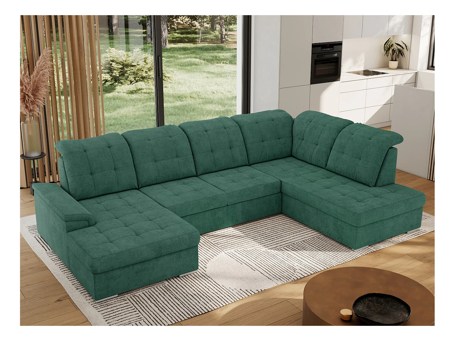 Ecksofa MADRITO U - mit verstellbarer Rückenlehne, Armlehne, L-förmige Ecke, Bettkasten - Grün Struktur - Ecke Rechts