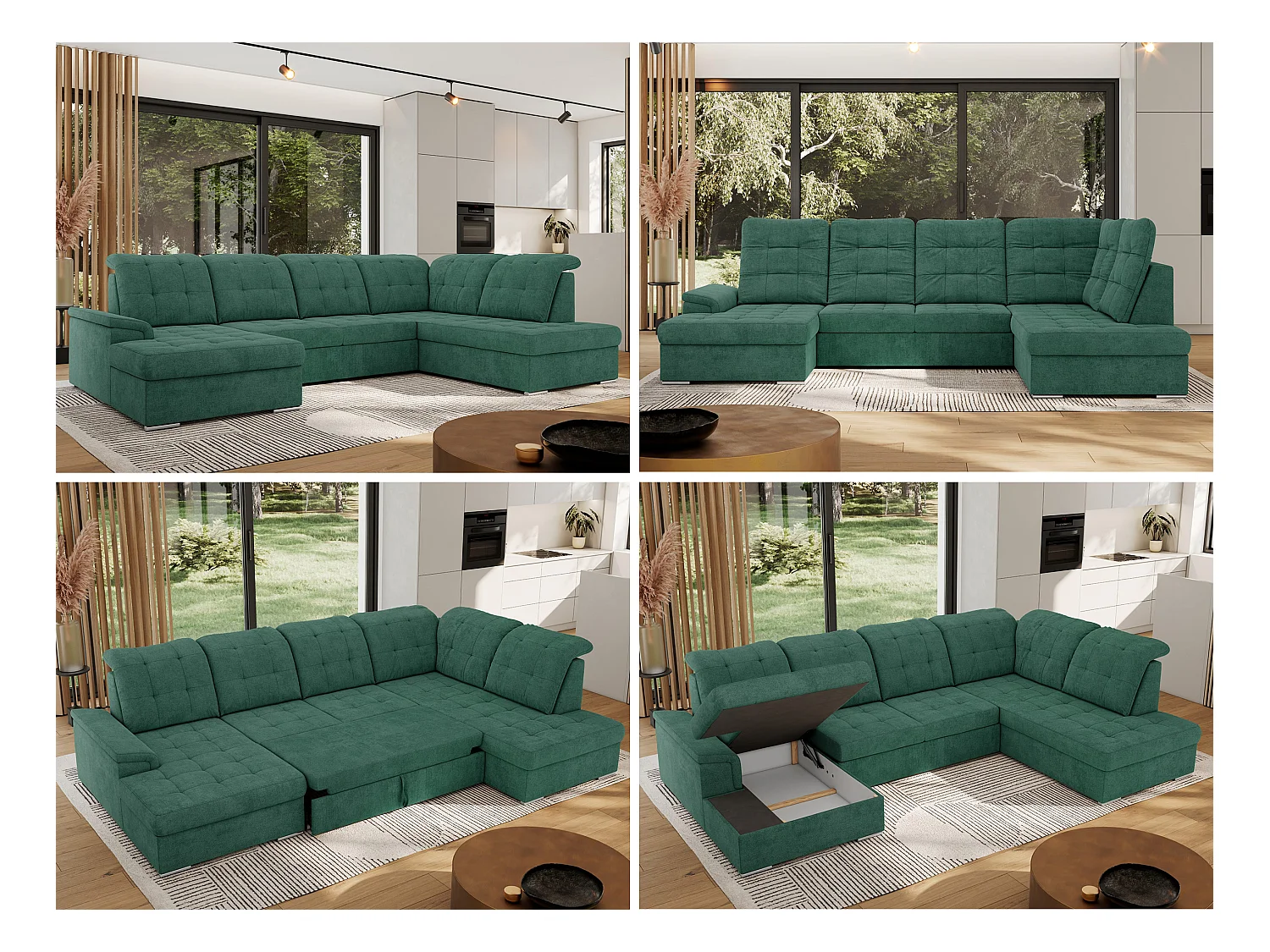 Ecksofa MADRITO U - mit verstellbarer Rückenlehne, Armlehne, L-förmige Ecke, Bettkasten - Grün Struktur - Ecke Rechts