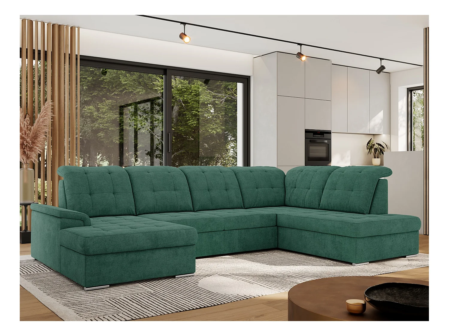 Ecksofa MADRITO U - mit verstellbarer Rückenlehne, Armlehne, L-förmige Ecke, Bettkasten - Grün Struktur - Ecke Rechts