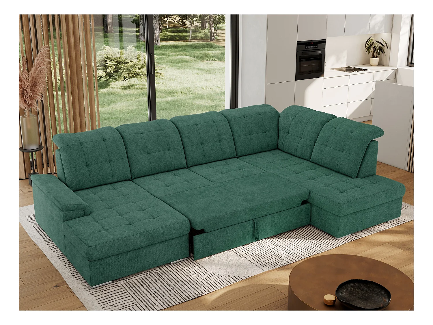 Ecksofa MADRITO U - mit verstellbarer Rückenlehne, Armlehne, L-förmige Ecke, Bettkasten - Grün Struktur - Ecke Rechts